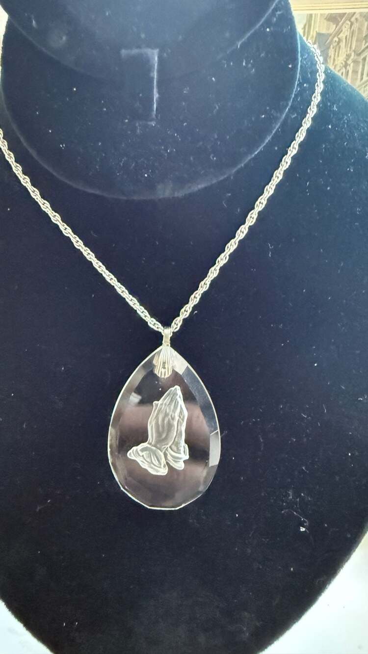 Vintage Hallmark Cards Praying Hands Teardrop Crystal Pendant Necklace